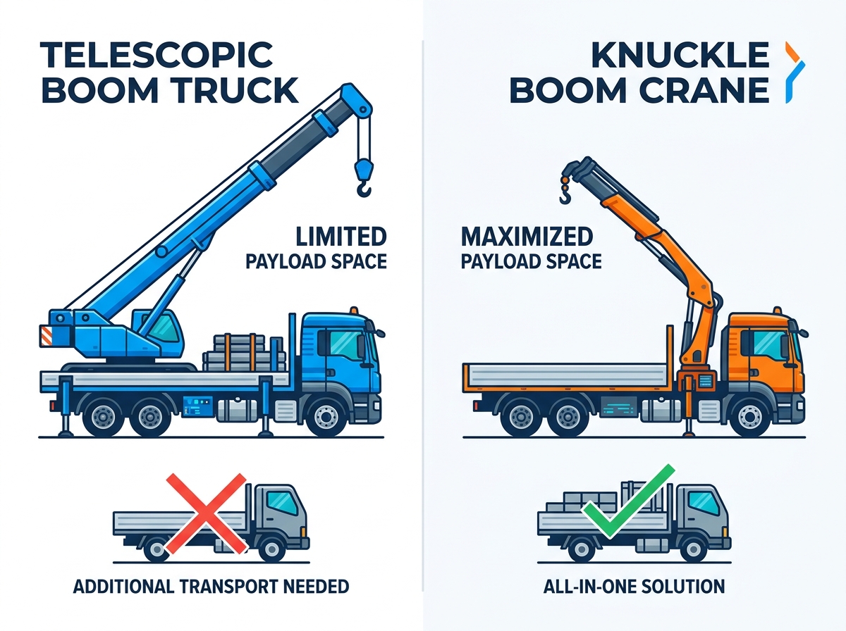 A knuckle boom crane operating on a tight construction site