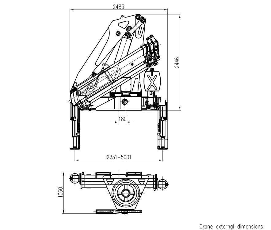 Side profile of the SQZ200A.4 knuckle boom crane showing the compact 1200mm installation space